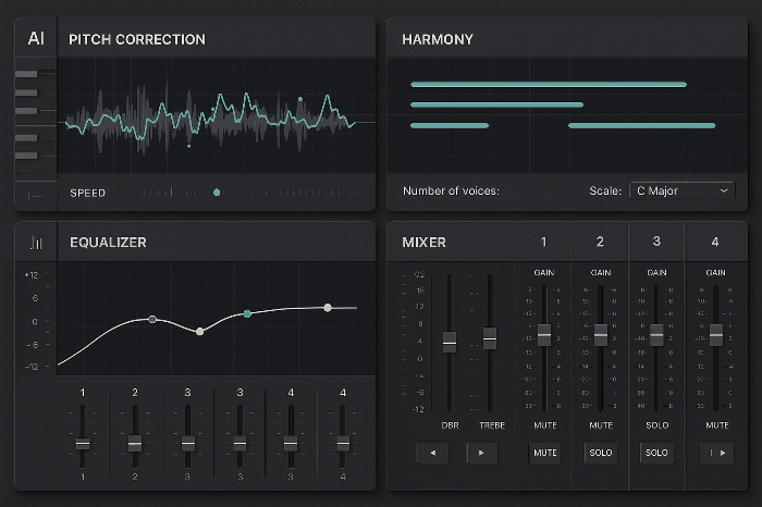 AI가 실시간 사운드 분석과 보정 작업을 수행하는 제작 도구 인터페이스