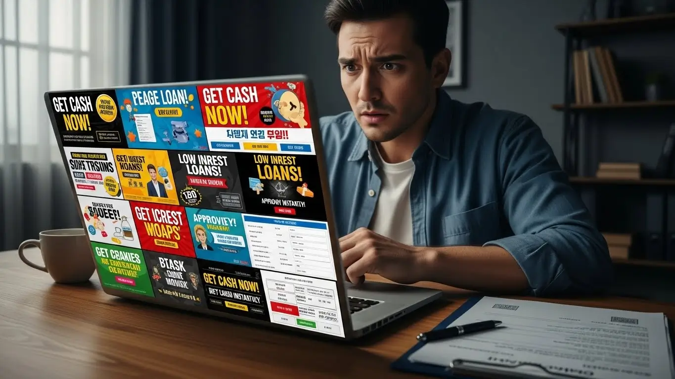 개시결정 통보를 받았지만 대출 광고 홍수 속에서 진짜 정보를 찾기 위해 고민하는 사람의 모습