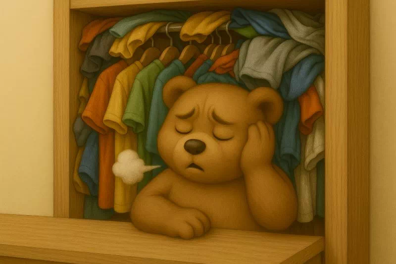 "가득 찬 옷장 앞에서 한숨 쉬는 캐릭터 일러스트"