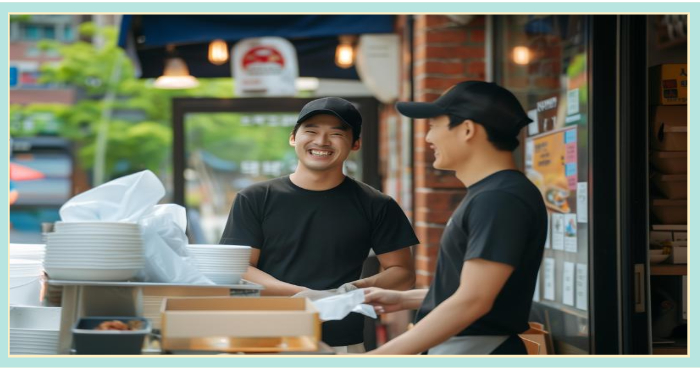 식당 주방에서 함께 일하는 두 소상공인이 웃으며 대화를 나누는 모습