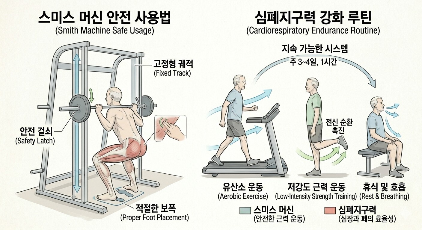 - 스미스 머신 안전 사용법: 왼쪽의 인체 몸통도를 보시면, 시니어가 스미스 머신의 고정형 궤적( 블루 라인) 안에서 스쿼트를 안전하게 수행하는 모습을 확인할 수 있다. 바를 걸어 부상을 예방하는 '안전 걸쇠의 위치도 함께 명시되어 있다.
- 심폐지구력 강화 루틴: 오른쪽의 전신 측면도를 보시면, 러닝머신과 실내 자전거 등 유산소 운동(블루 화살표)을 통해 심장과 폐의 효율성을 높이는 과정과, 근력 운동을 병행하여 전신 순환(연한 그린 화살표)을 돕는 루틴의 흐름을 한눈에 파악할 수 있다.
이미지출처: Gemini AI 생성