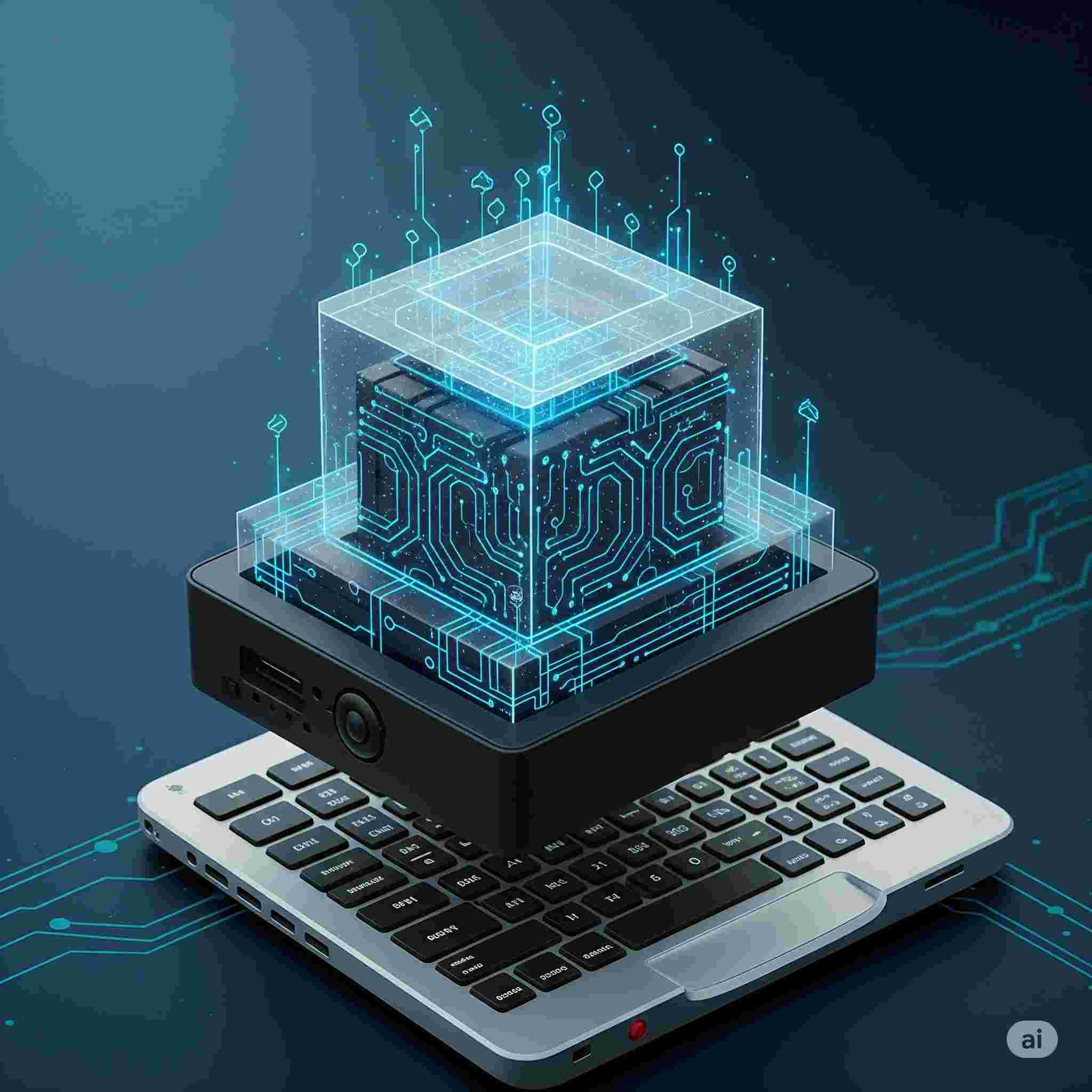 노트북 키보드 위에 투명한 3D 블록 형태로 표현된 인공지능 프로세서 칩의 가상 구조가 빛나는 그래픽으로 시각화됨