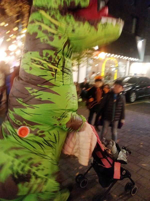 공룡탈을쓰고 유모차를밀고있는 모습