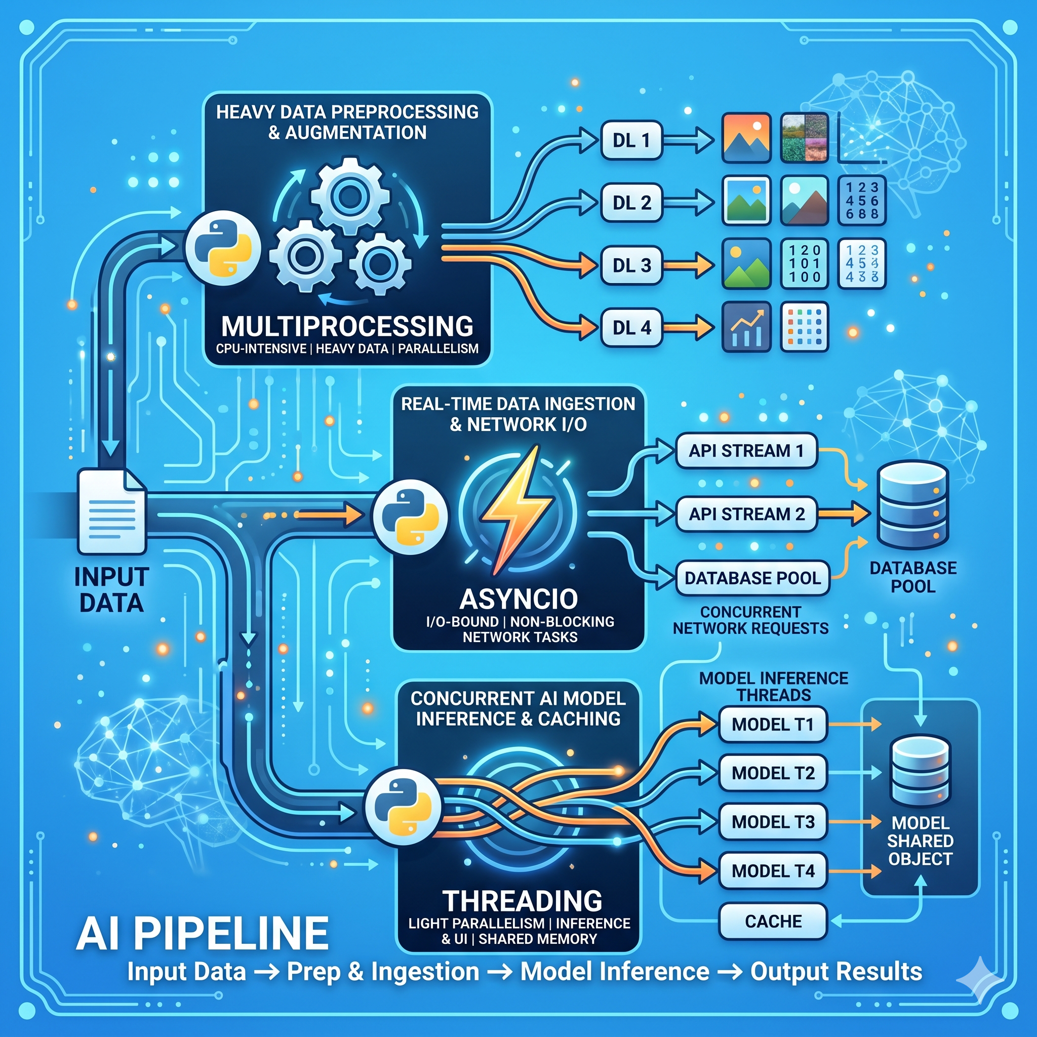 multiprocessing, asyncio, threading