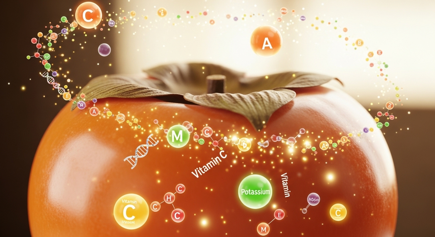 단감 주변에 비타민과 영양소를 상징하는 빛나는 입자들이 맴도는 모습, 단감의 풍부한 영양을 시각적으로 표현.