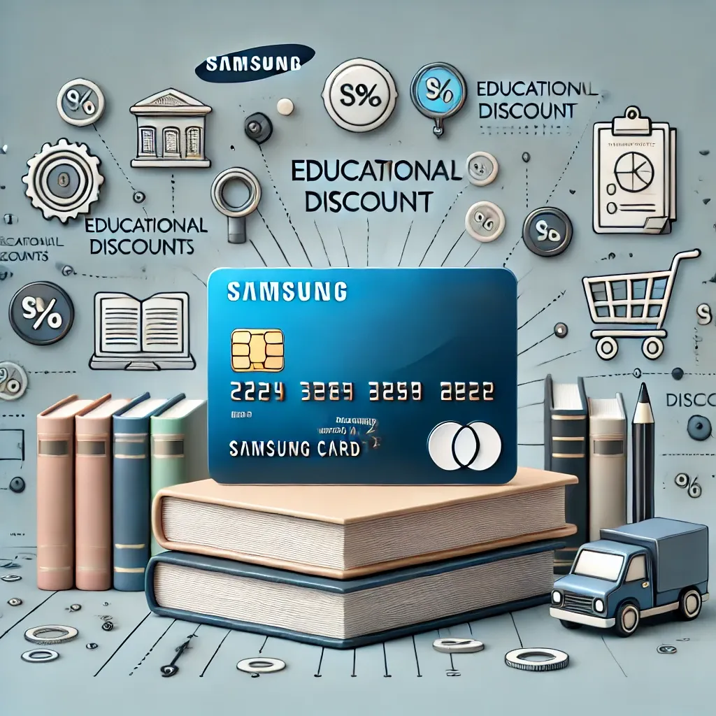 삼성카드와 교육비 절감 혜택을 상징하는 책과 쇼핑카트
