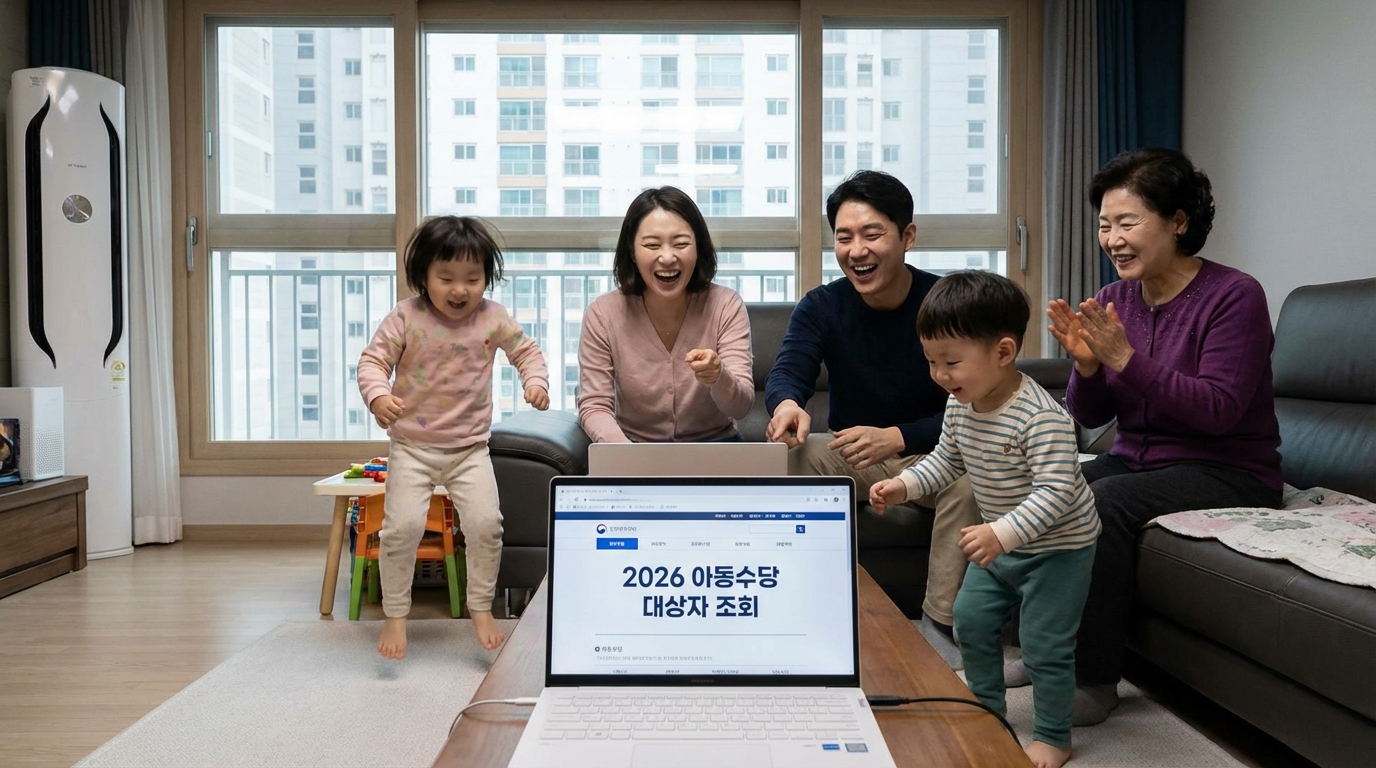 2026년 자녀장려금 수급 대상 여부를 확인하며 기뻐하는 한국인 가족의 모습