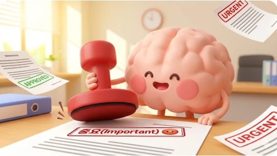 서류에 도장을 찍는 귀여운 뇌 캐릭터