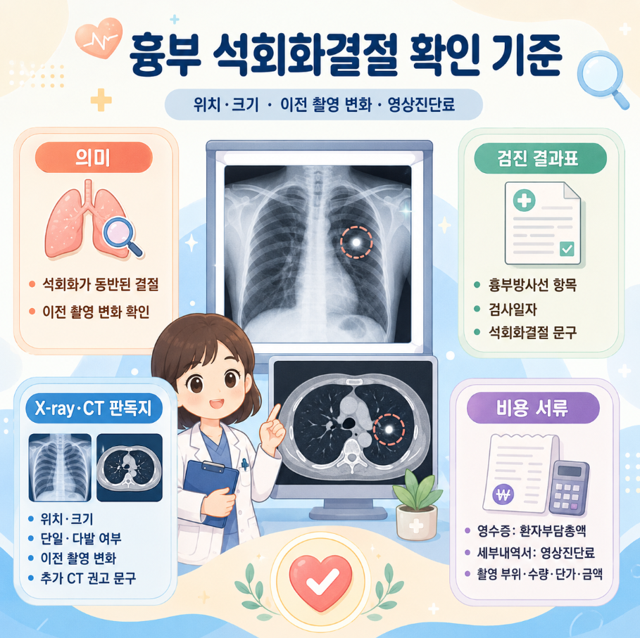 흉부 석회화결절 확인 기준을 정리한 메디컬 인포그래픽으로 의미, 검진 결과표, X-ray&middot;CT 판독지, 비용 서류 항목을 한눈에 보여주는 이미지