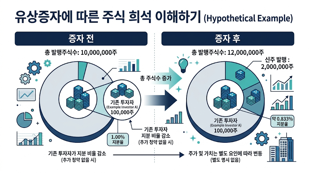 가상 기업의 유상증자 전후 발행주식 수와 기존 투자자의 지분율 변화를 비교한 그림