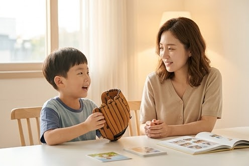 식탁에서 야구 글러브를 든 아들의 꿈 이야기를 듣는 엄마