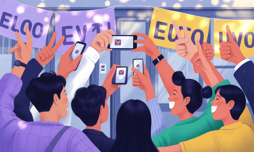 투표소 밖에서 손가락으로 브이(V)나 엄지척을 하며 즐겁게 투표인증샷을 찍는 다양한 사람들의 모습. 주변에는 선거 관련 표지판과 퍼플-옐로우 테마의 활기찬 분위기가 감돈다.