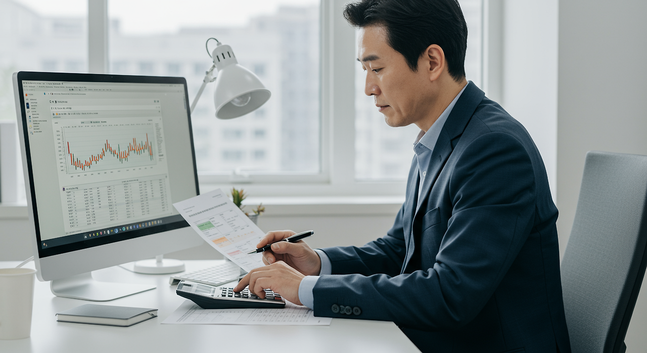 직장인 남자가 컴퓨터를 켜 놓은 채 신용카드 결제 내역을 확인하고 있다.