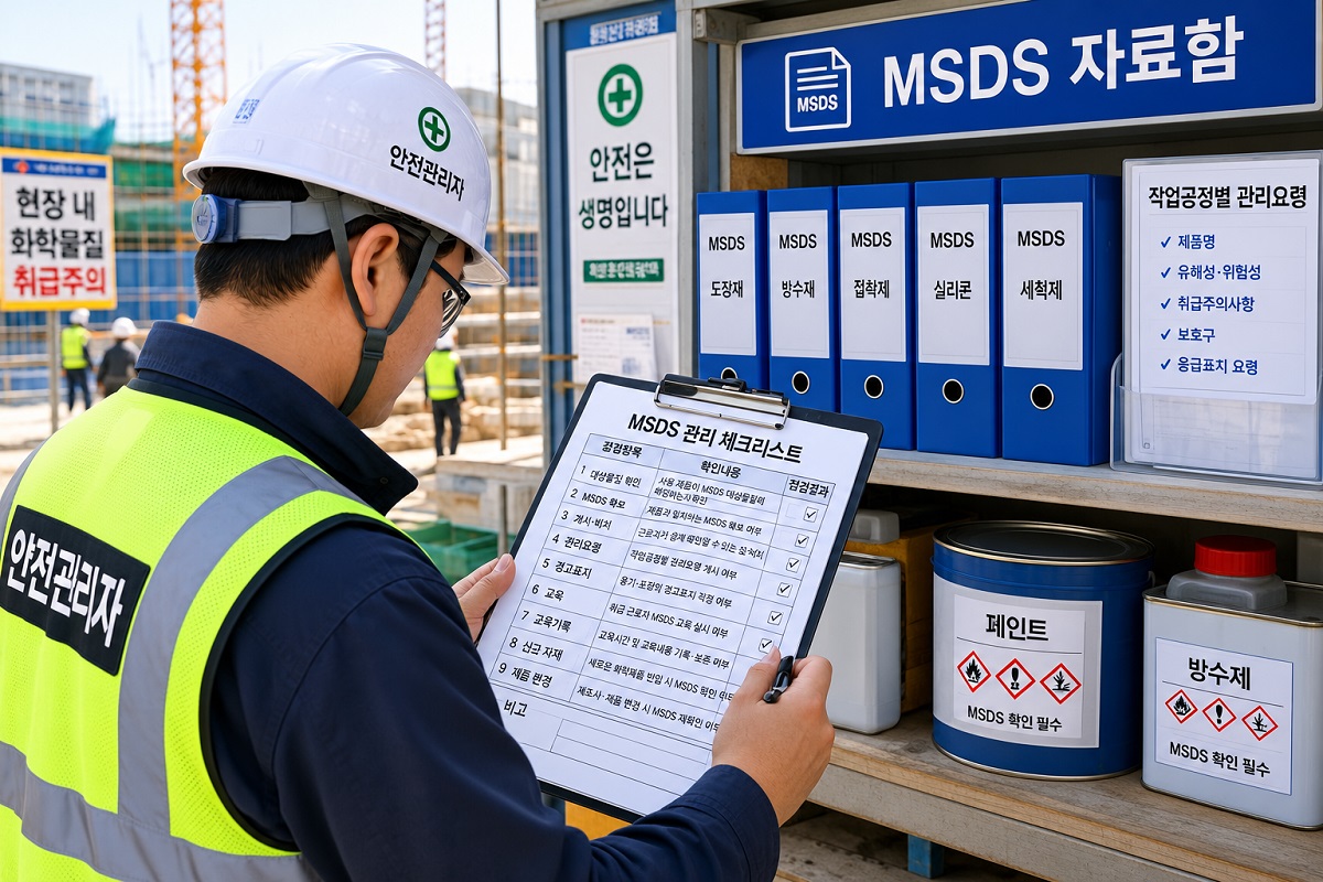 건설현장 안전관리자가 MSDS 관리 체크리스트를 점검하는 모습