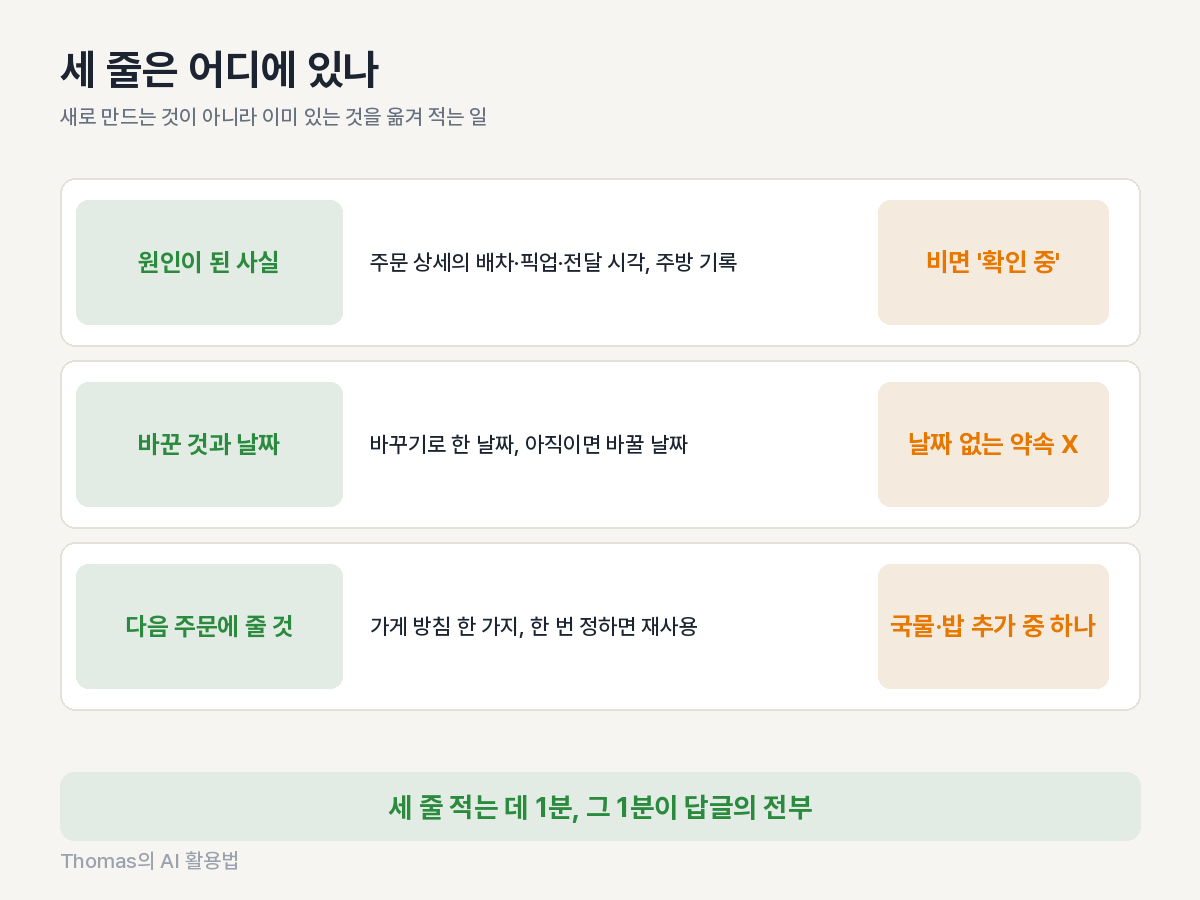 리뷰 답글에 넣을 사실 세 줄을 찾는 곳