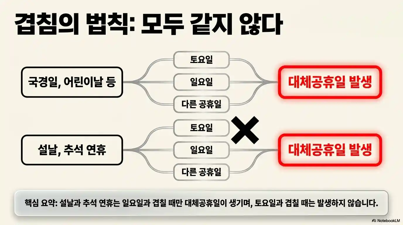 대체공휴일 겹침 조건 비교 - 국경일 어린이날 토일 모두 발생 vs 설날 추석 토요일 제외