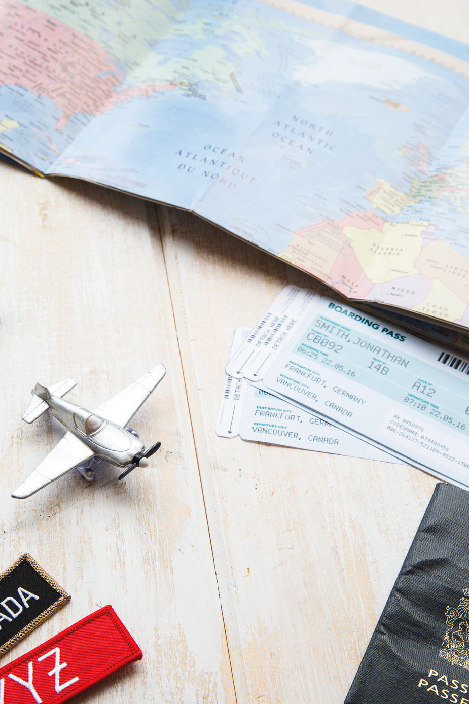passport, map, boarding pass, miniature plane