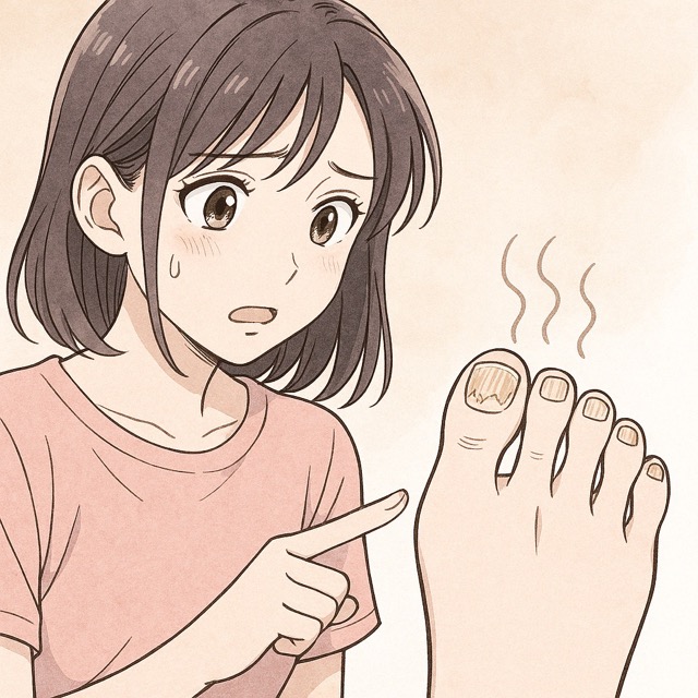 손발톱 백선으로 변색되고 갈라진 발톱을 걱정스럽게 바라보는 여성