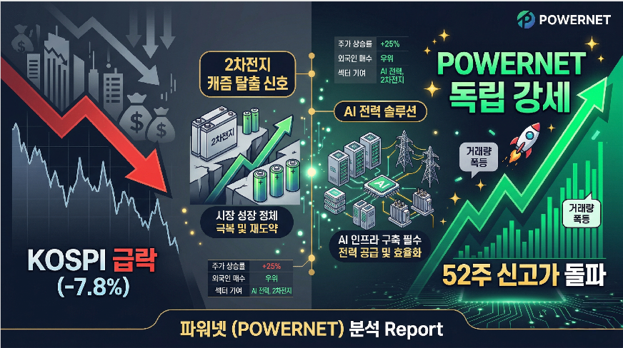 파워넷 코스피 급락 독립 강세 52주 신고가 2차전지 캐즘 탈출 신호 AI 전력 솔루션