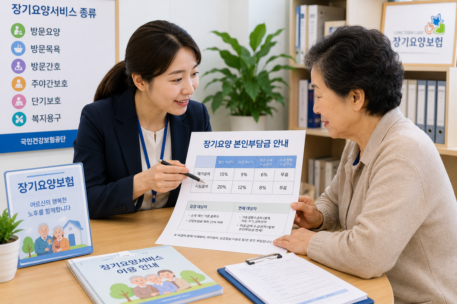 장기요양기관 상담실에서 보호자가 장기요양 본인부담금 안내서를 확인하는 모습