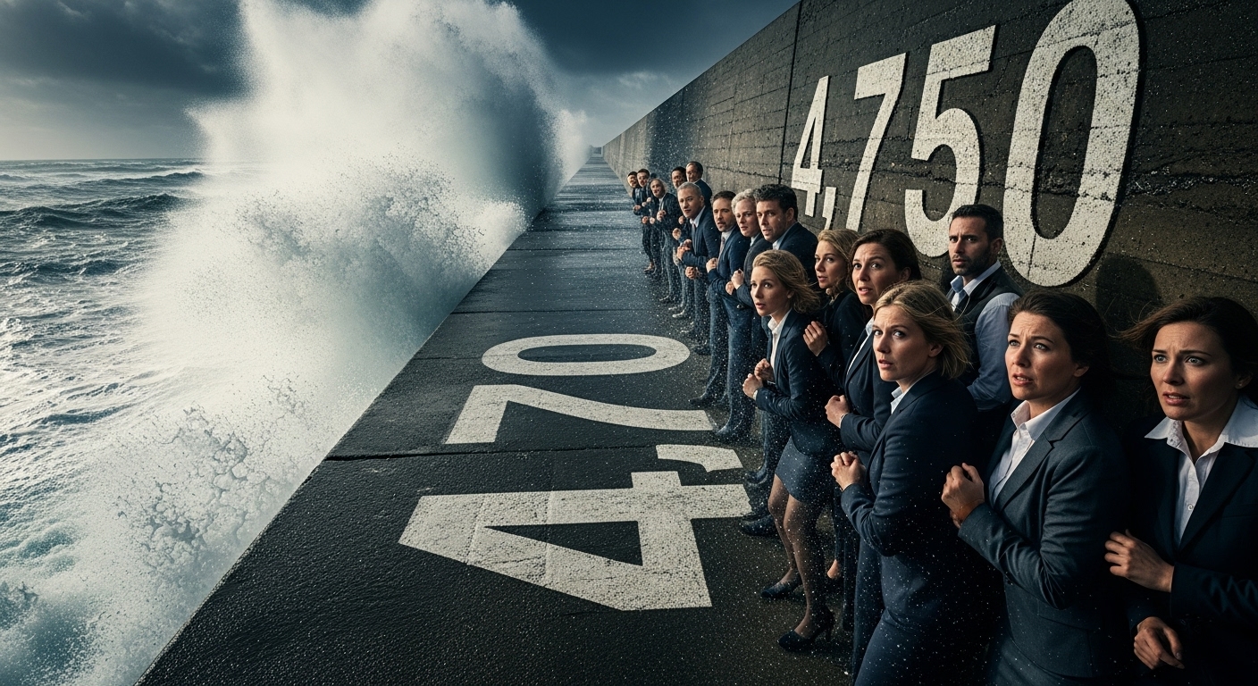 A breakwater labeled '4,750' holding back rough waves. Investors are holding their breath and watching from behind the breakwater.