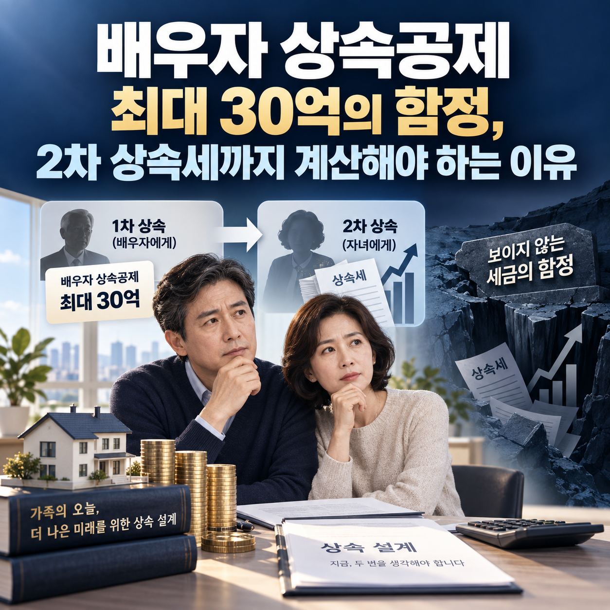 배우자 상속공제 최대 30억의 함정과 2차 상속세 부담을 설명하는 상속세 절세 전략 인포그래픽 이미지