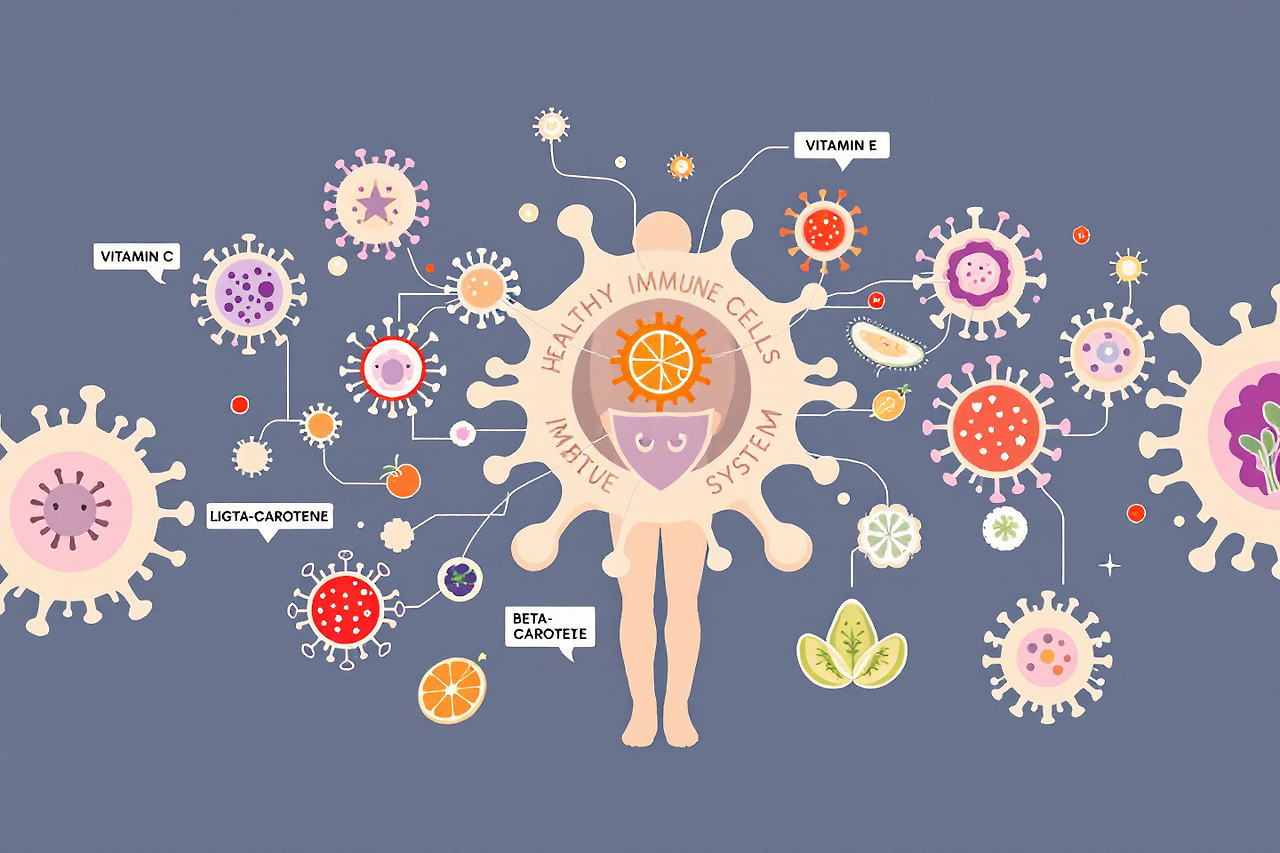 면역세포와 항산화물질 건강한 면역체계 일러스트레이션