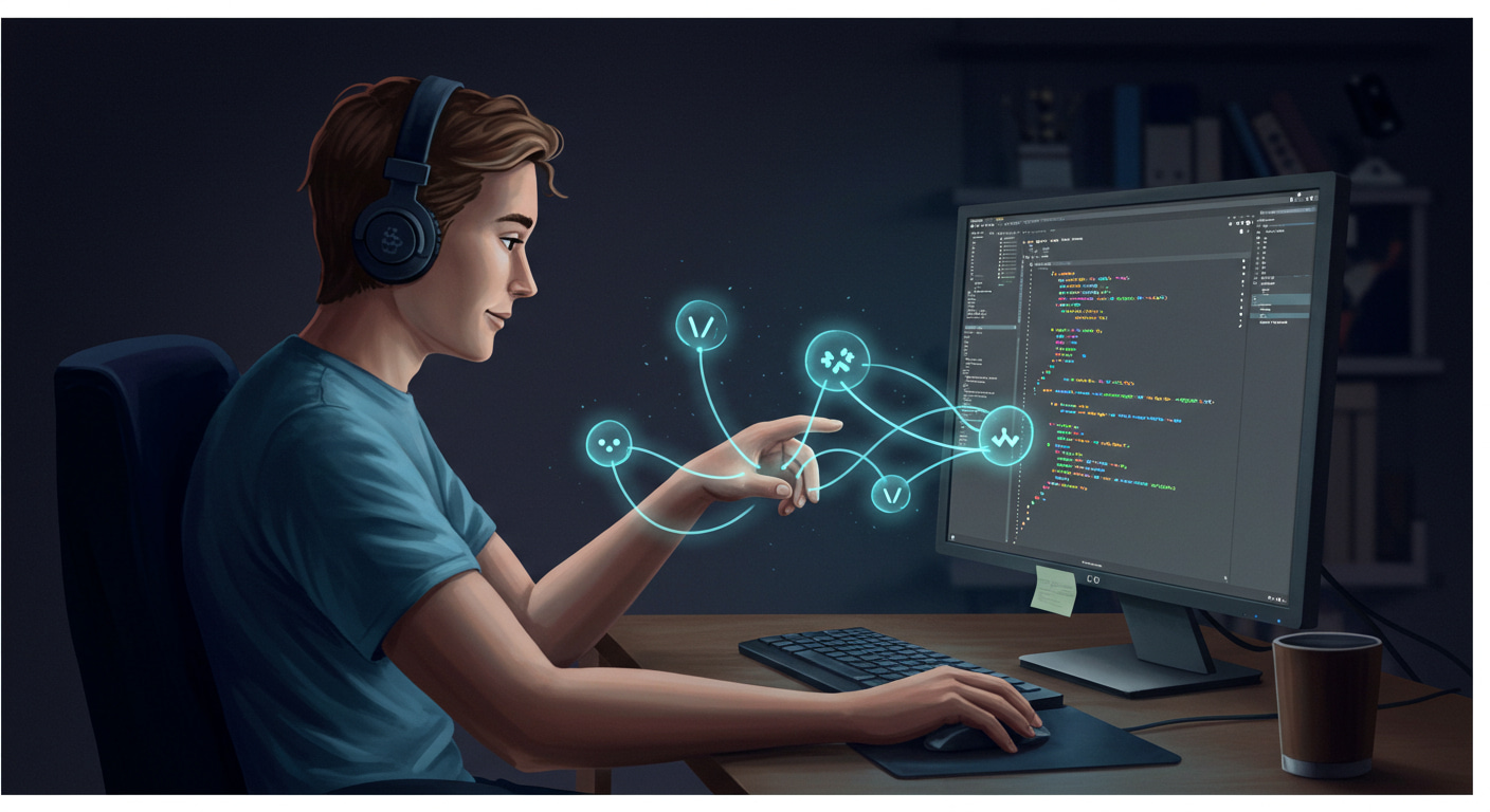 '바이브 코딩'으로 오목 AI를 개발하는 과정을 표현한 일러스트. 개발자의 머리에서 나온 직관적인 에너지가 빛이 되어 오목 게임이 보이는 컴퓨터 화면으로 연결되고 있다.