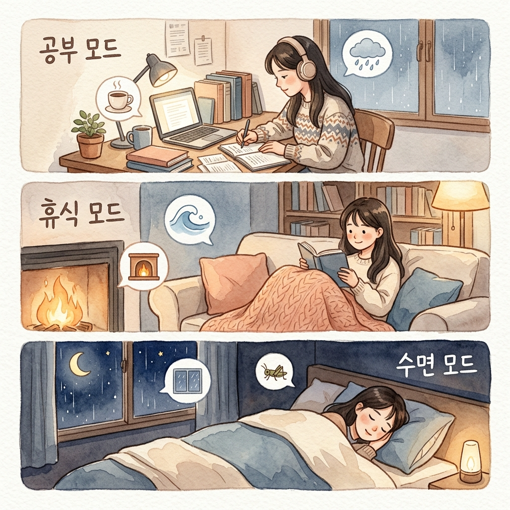 공부 모드 휴식 모드 수면 모드별 추천 백색소음 조합을 보여주는 일러스트