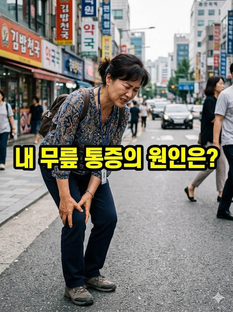 길거리에서 무릎통증을 호소하고 있는 중년여성의 모습