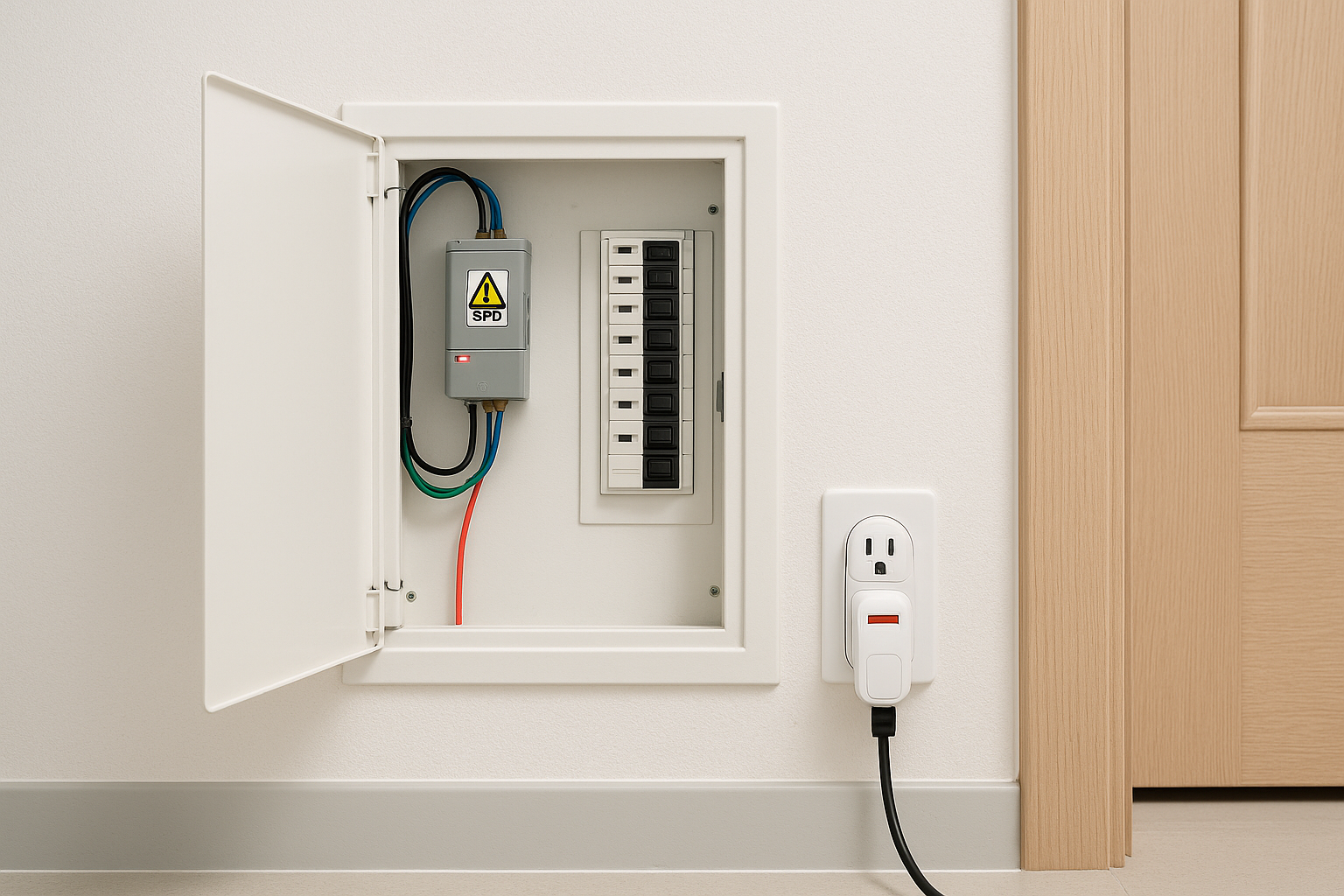 가정 분전함과 콘센트에서 전자기기를 보호하는 다층 전기 안전 루틴 개요 다이어그램