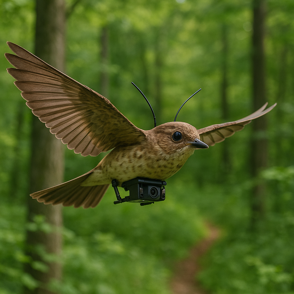 자연 속에서 새처럼 위장 비행 중인 동물모양 드론