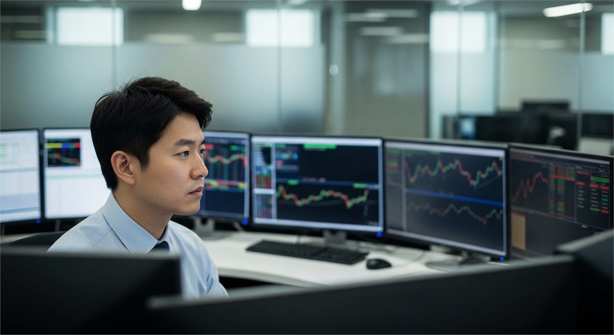 여러 모니터 앞에서 시장을 점검하는 한국 펀드매니저 모습 