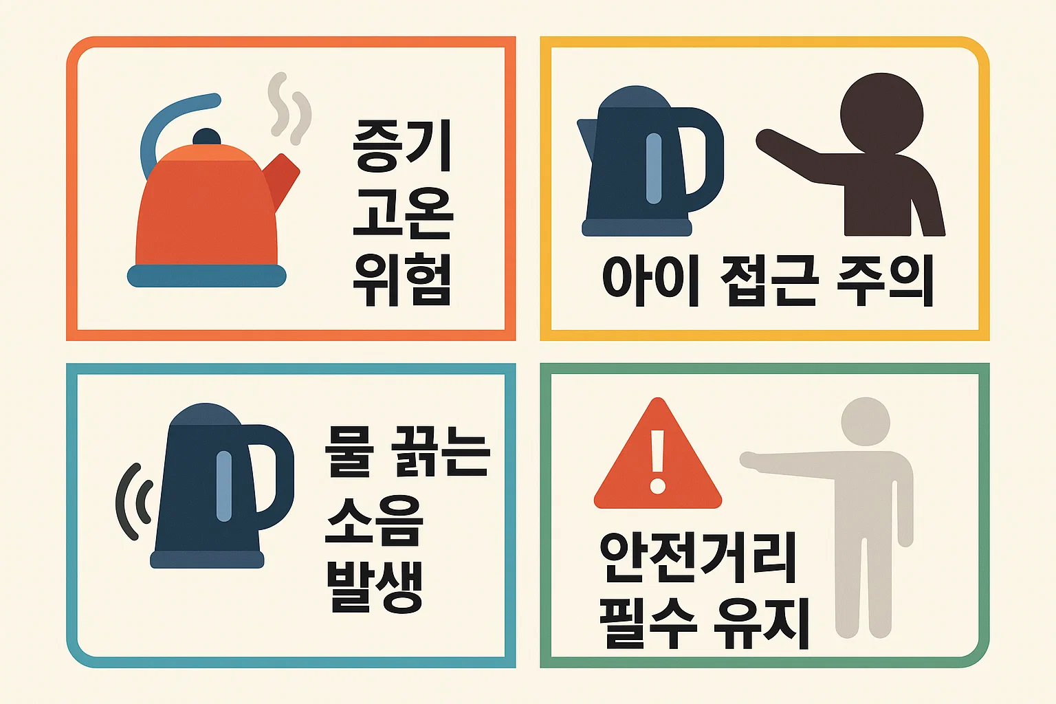 가열식가습기 사용 시 발생할 수 있는 증기 고온 위험, 아이 접근 주의, 소음 문제, 안전거리 유지 필요성 등을 시각적으로 정리한 안전 체크용 인포그래픽 이미지