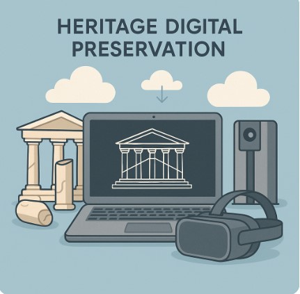 노트북 화면에 고대 신전 3D 모델이 표시되고, 그 옆에 VR 헤드셋과 유물들이 함께 놓인 디지털 보존 장면.