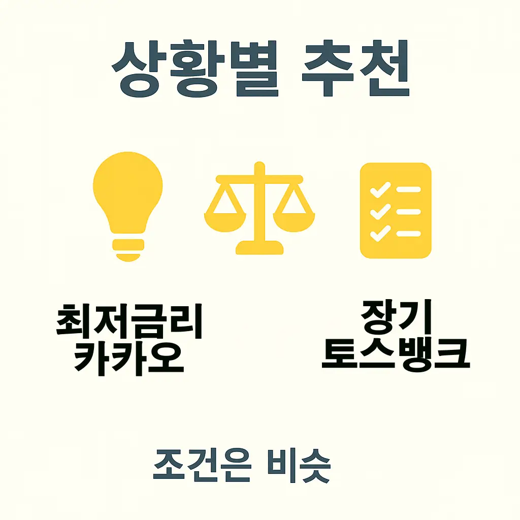 비상금대출 선택 시 상황에 따른 추천 가이드로 최저금리 원하면 카카오, 장기 대출 원하면 토스가 적합함을 보여주는 비교 이미지입니다.