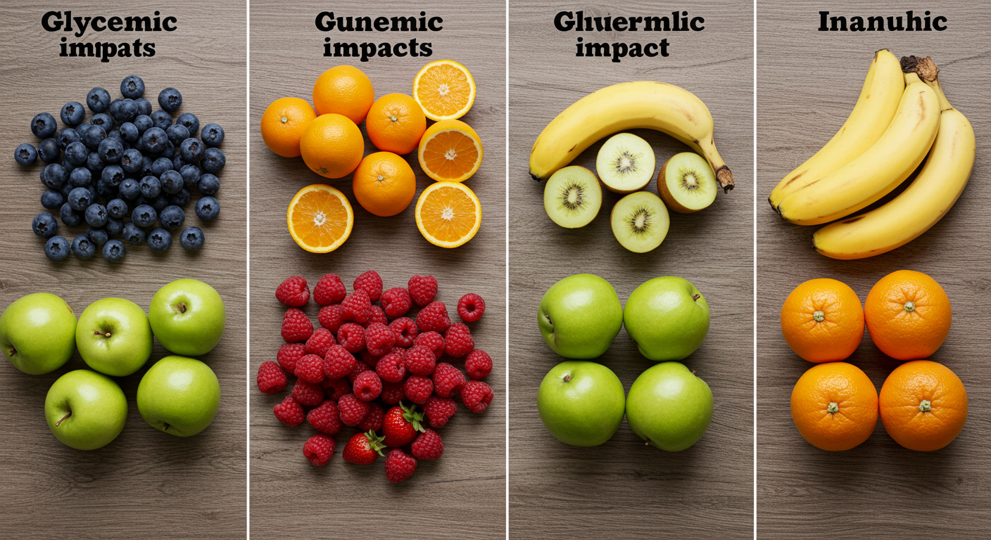 다양한 과일들이 혈당 영향도에 따라 분류되어 있는 이미지