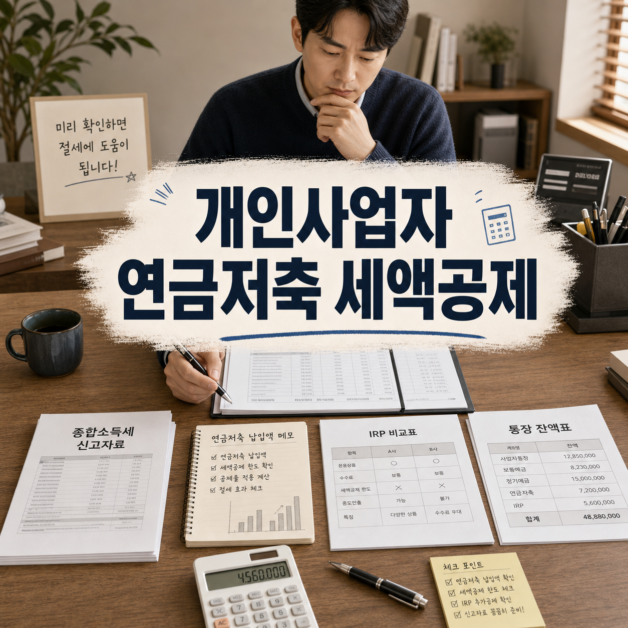 개인사업자 사장님이 연금저축 세액공제와 종합소득세 절세 가능 금액을 확인하는 이미지