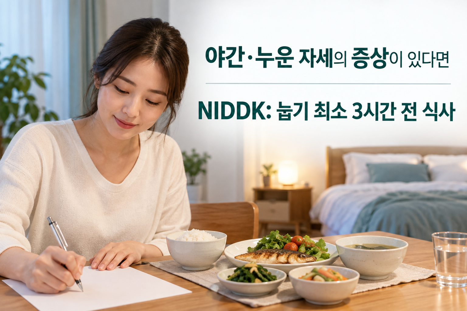 저녁 식탁과 침대 사이에 식사&middot;눕는 시각을 적는 장면