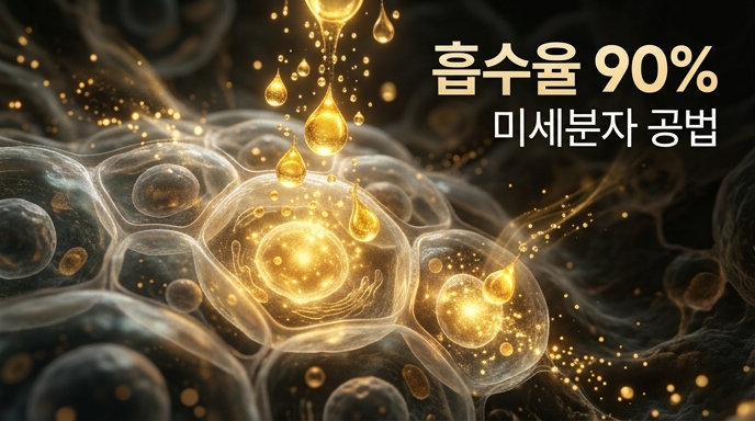 미세분자 공법을 통해 세포 속으로 영양분이 90% 이상 빠르게 흡수되는 모습을 형상화한 그래픽