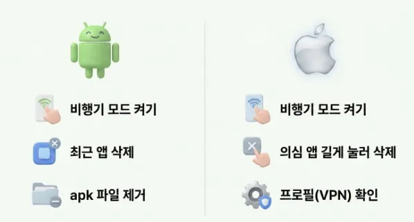 보이스피싱 악성앱: 안드로이드와 아이폰 로고를 나란히 배치하고 각 기기별 긴급 조치(안드로이드: 비행기 모드 켜기·최근 앱 삭제·apk 파일 제거 / 아이폰: 비행기 모드 켜기·의심 앱 길게 눌러 삭제·프로필 VPN 확인)를 비교한 이미지. 이 이미지는 갤럭시와 아이폰 기종별 보이스피싱 악성앱 긴급 대처 방법의 차이를 시각적으로 전달하며, 블로그의 스미싱 링크 눌렀을 때 OS별 대처법과 관련된 내용을 설명함