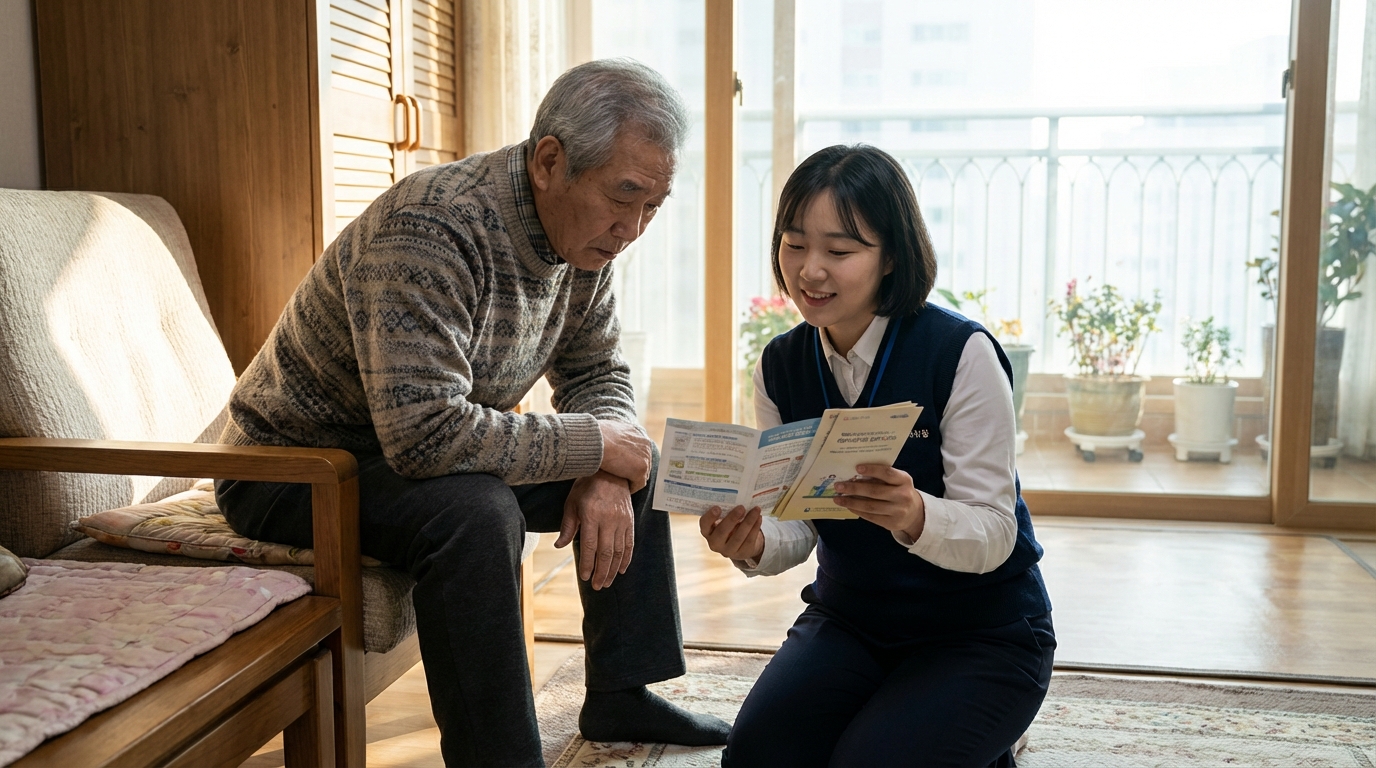 가정에서 사회복지사와 함께 재가요양 서비스 자격에 대해 상담하고 있는 어르신의 모습