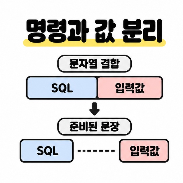 문자열 결합에서는 SQL과 입력값이 붙어 있고 준비된 문장에서는 두 블록이 떨어져 있는 상하 비교 도식