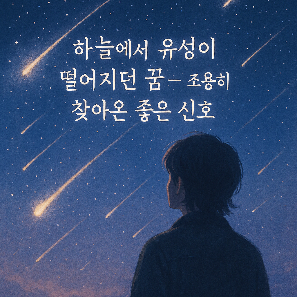 어두운 밤하늘에 수많은 유성이 쏟아지고, 한 사람이 그 장면을 바라보는 몽환적 파스텔 일러스트