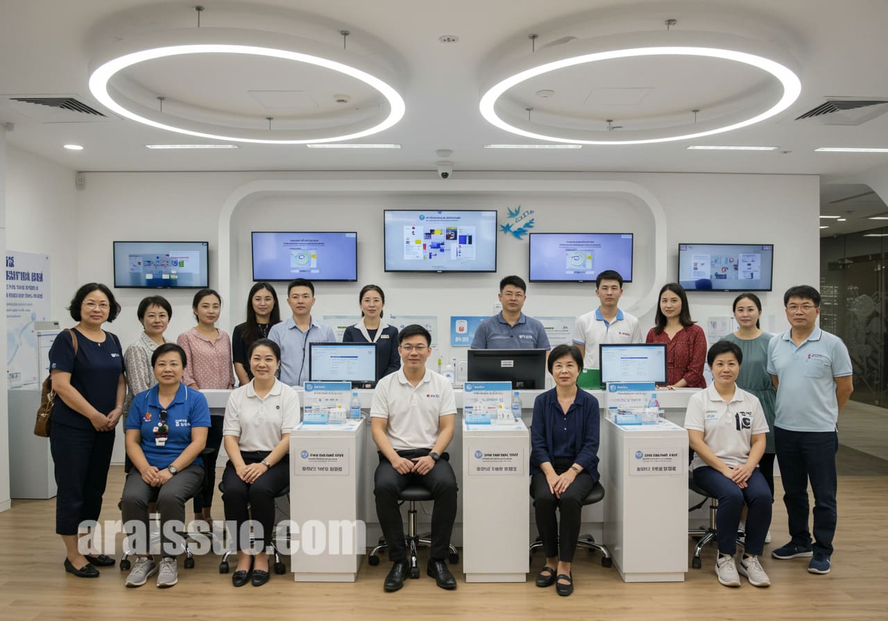 현대적인 건강 관리 센터에서 건강 검진을 받는 사람들. 다양한 연령대의 남녀가 참여하며, 디지털 화면이 있는 깨끗하고 밝은 환경에서 진행된다.