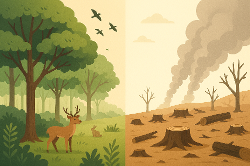산림 파괴로 인해 절반은 울창한 숲, 절반은 벌목된 황폐한 땅으로 나뉜 디지털 일러스트