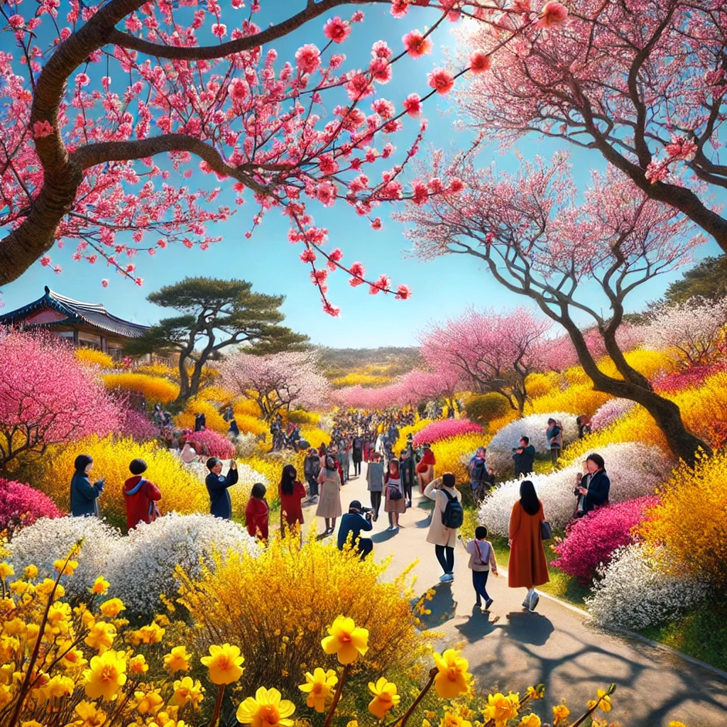 제주도의 맑은 하늘 아래 흐드러지게 핀 매화와 산수유 꽃, 봄을 만끽하는 여행객들