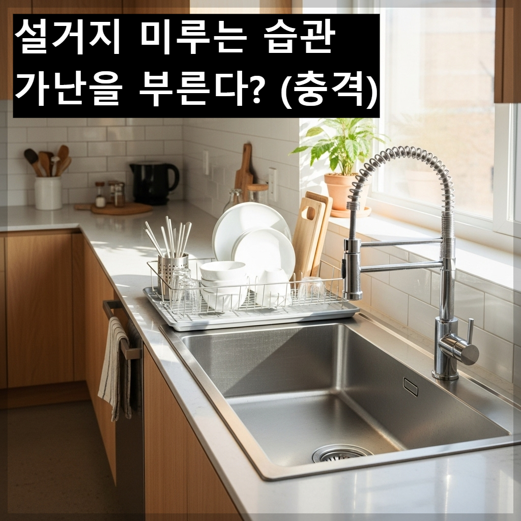 한국식 아파트 주방의 스테인리스 싱크대와 수전이 물기 없이 반짝거리고 깨끗하게 정리되어 있어 재물운을 부르는 모습