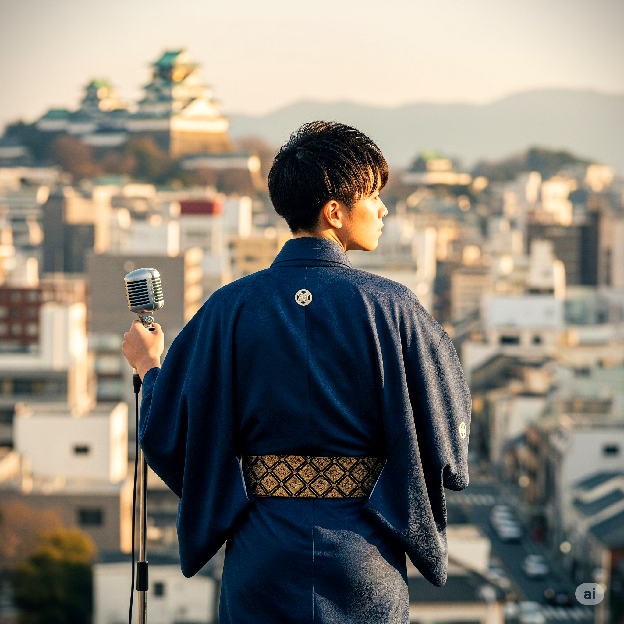 와카야마시를 바라보며 노래하는 남자