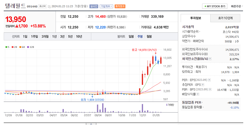 텔레필드 주봉차트